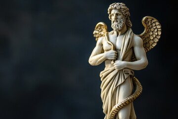 Obraz premium Detailed statue of a winged deity holding a staff, showcasing intricate craftsmanship and historical significance