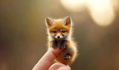 Obraz premium A tiny fox cub perched on the tip of someone's finger