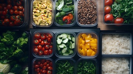 A zero waste meal prep service delivering fresh, unpackaged ingredients. A vibrant overhead view of fresh vegetables and grains in organized containers.