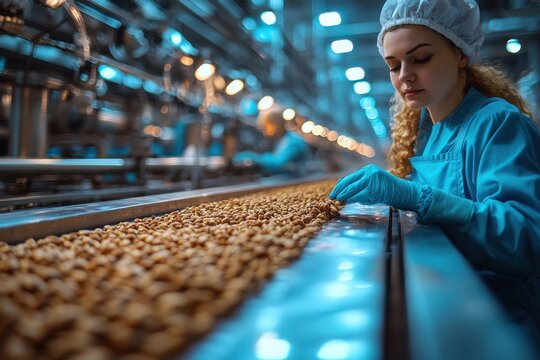 Focused worker sorting nuts in a food processing facility during evening hours