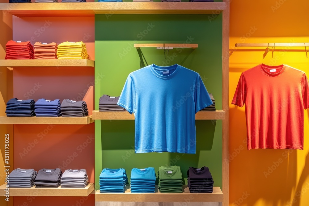 Poster Colorful display of folded t-shirts and hanging garments in a modern retail store setting