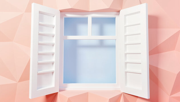 White shuttered window on pastel pink geometric wal