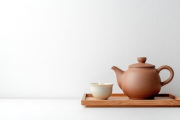 Elegant teapot and cup on wooden tray, showcasing minimalist des