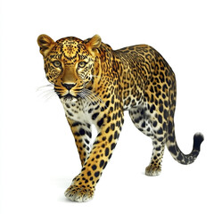 Fototapeta premium Leopard walking on white background, showcasing its spotted fur