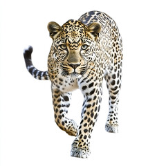 Fototapeta premium Leopard walking on white background, showcasing its spotted fur