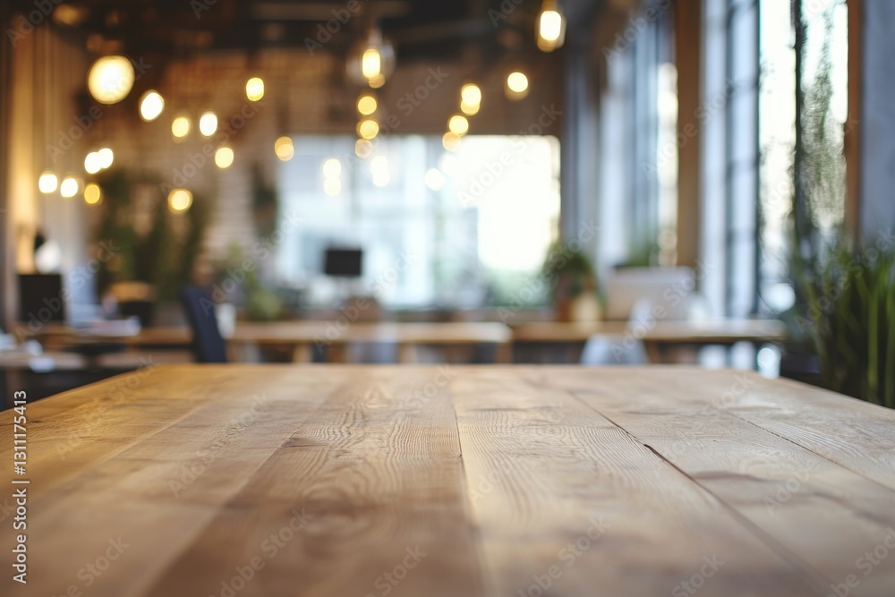 Poster cozy workspace with wooden table and warm lighting in a modern office setting during daylight hours
