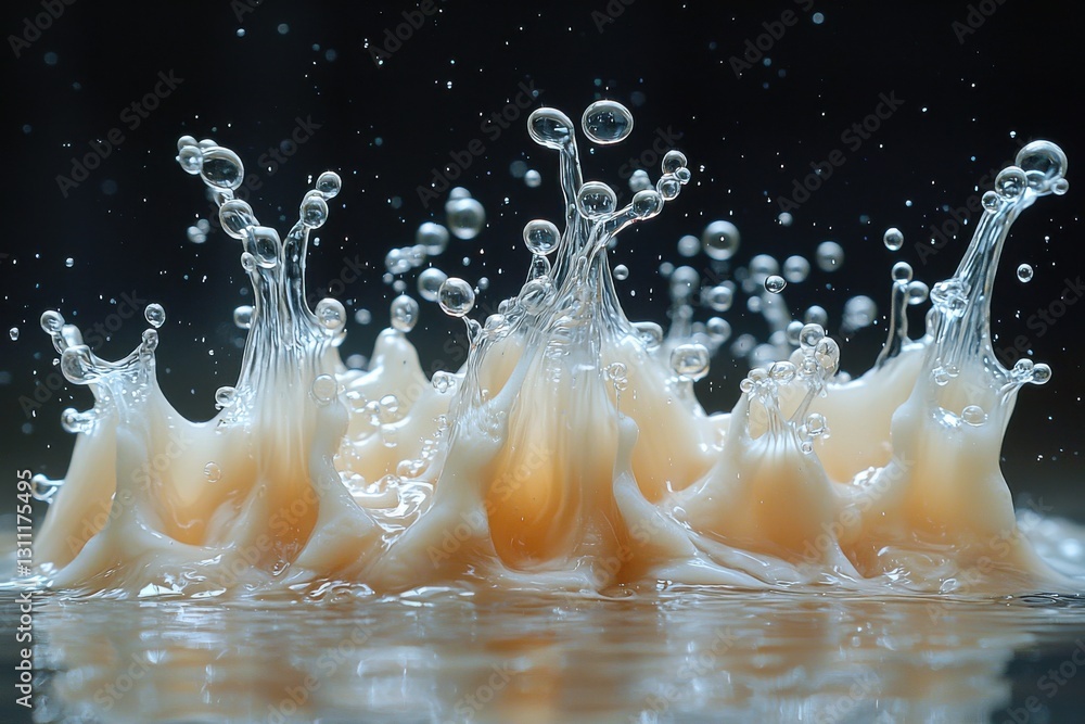 Aufkleber Water splashes create dynamic patterns and bubbles during a close-up experiment in a dark environment