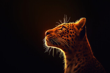 Majestic leopard side profile illuminated by golden light against a dark background.  