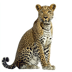 Fototapeta premium Leopard sitting on white background, showcasing its spotted fur