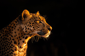 Majestic leopard side profile illuminated by golden light against a dark background.  