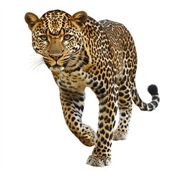 Obraz premium Leopard walking on white background, showcasing its spotted fur