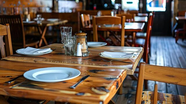 Inviting atmosphere in a rustic restaurant featuring wooden tables set with plates and silverware, perfect for dining