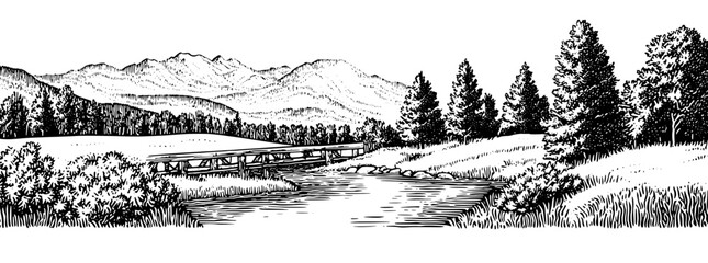 Engraved vector design featuring a serene landscape with a bridge over a river and mountains in the background