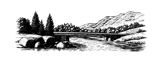 Obraz premium Engraved vector art of a serene landscape with a bridge over a river and mountains in the background