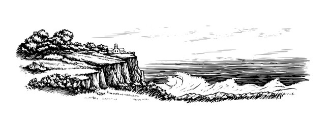 Obraz premium Engraved vector tattoo design of a cliffside chapel overlooking a turbulent sea and distant mountains