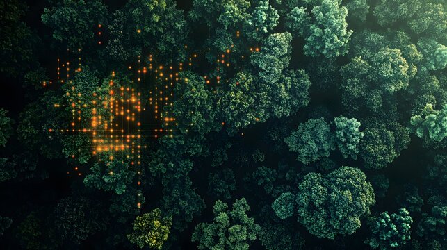 Satellite image of a forested region with overlaid data points indicating carbon stock measurements, futuristic design