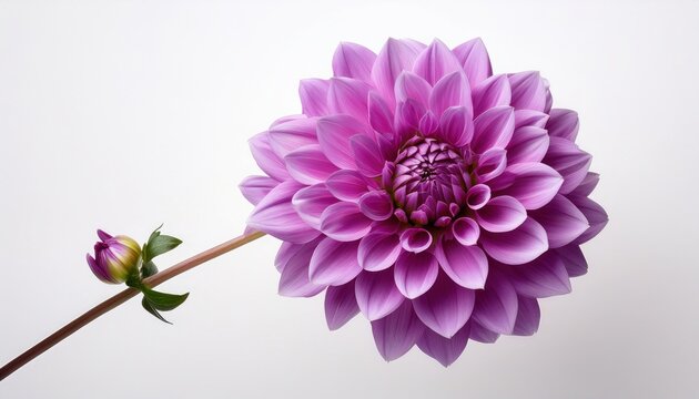 Studio shot of a vibrant purple dahlia with a long stem, set against a clean background. The delicate petals and rich color create a striking contrast, highlighting its natural beauty.
