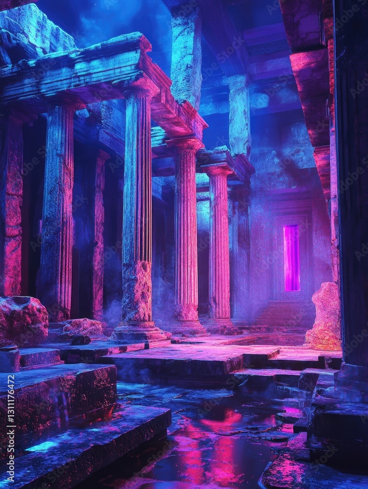 Aufkleber a building with columns and a stream of water flowing nearby, suitable for use in architecture or la