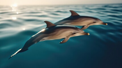 Obraz premium Dolphins glide gracefully through sparkling ocean waters, showca