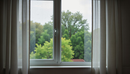 Fototapeta premium Greenery view through a closed window with sheer curtains