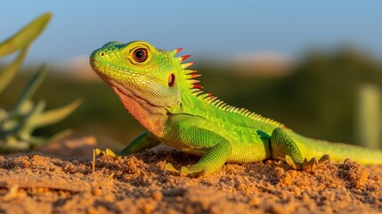 Obraz premium Vibrant Lizard on Sandy Ground at Sunset
