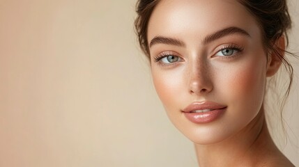 Naklejka premium Beautiful woman with flawless skin on a beige background, close-up portrait of a beautiful young girl with natural makeup and clean, healthy facial features, a banner for a beauty concept. Beauty fash
