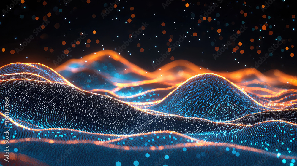 Fototapete abstract background with glowing waves and particles in blue and orange tones, creating mesmerizing 