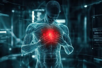 A futuristic medical scan showing a male patient, his chest and stomach highlighted in red, indicating intense pain