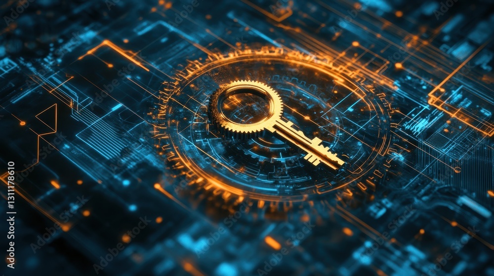 Poster a mechanical key turning gears in a digital interface, symbolizing strategic problem-solving.