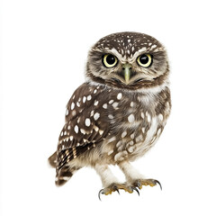 Fototapeta premium Little owl with striking eyes isolated on white background