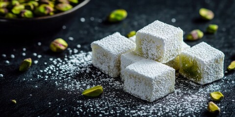 Delightful treats of Turkish delight on a dark background