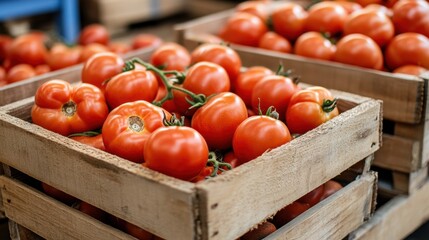 Freshly harvested tomatoes in wooden crates at a market