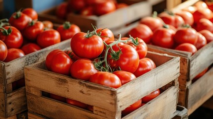 Fresh ripe tomatoes displayed in wooden crates at market