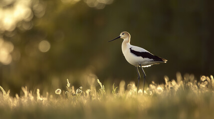 Obraz premium American avocet standing in sunlight on grassy field, serene atmosphere