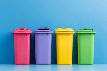 Colorful trash bins lined up against a blue background for waste management