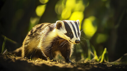 low angle portrait of American badger in sunlight