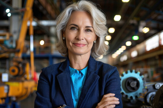 Operations manager in formal attire stands with arms crossed on bustling textile factory floor