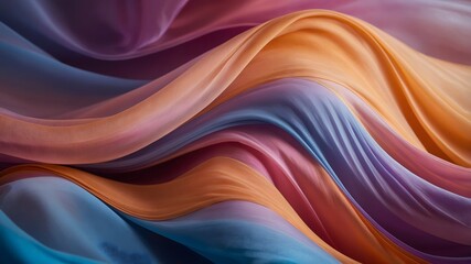 An abstract flowing fabric made of translucent silky material in vibrant of orange, pink, purple, blue. The fabric appears weightless, resembling an ethereal wave or a soft, fluid motion.