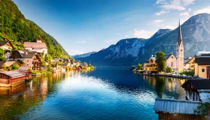 Fototapeta premium Hallstatt Panorama: A breathtaking vista of Hallstatt, Austria, a charming village nestled on the serene shores of a tranquil lake, framed by majestic mountains under a brilliant blue sky.