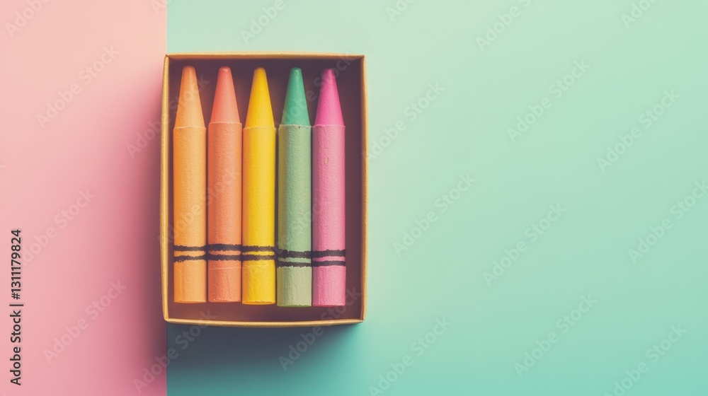 Poster a neat row of pastel crayons in an open box, placed on a simple background with text space on the si