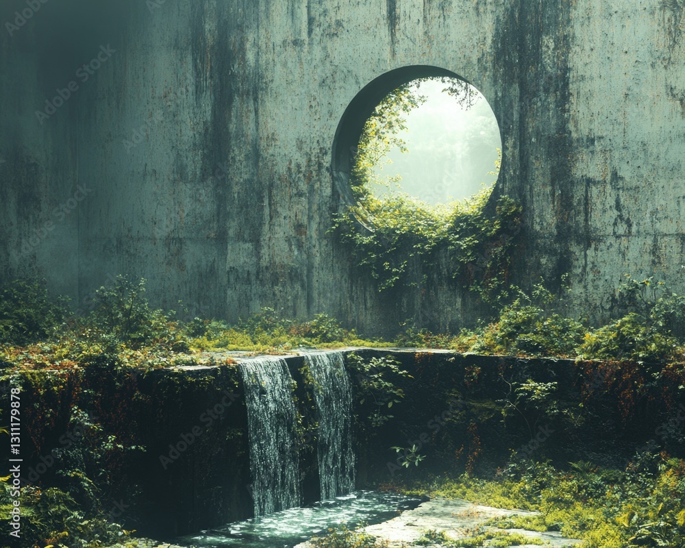 Poster a small waterfall flows through a hole in a concrete wall, creating a unique and natural-looking sce