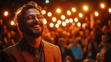 Magician smiling on stage while performing a card trick the audience fixated on one hand unaware of the hidden cards in the other symbolizing misdirection