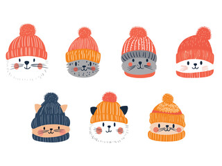 Cute Winter Hat Collection with Funny Cats in Hats — Cartoon-Style Vector Illustration