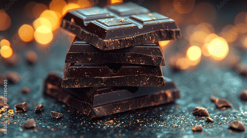 Poster a neatly stacked arrangement of various chocolate bars showcasing an array of flavors and textures