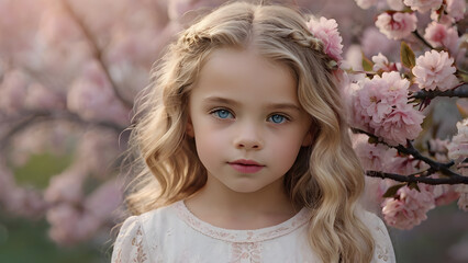Fototapeta premium Spring flowering. Portrait of a beautiful little girl 4 years old in a pink blouse in nature against a background of pink flowering apple trees. Childhood. The baby is posing.