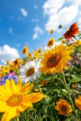 Obraz premium Colorful flower field, sunny day, close-up