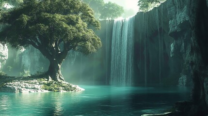 Majestic Waterfall Cascading into Tranquil Pool Surrounded by Verdant Trees