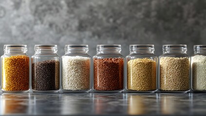 Variety of Grains in Glass Jars on Countertop