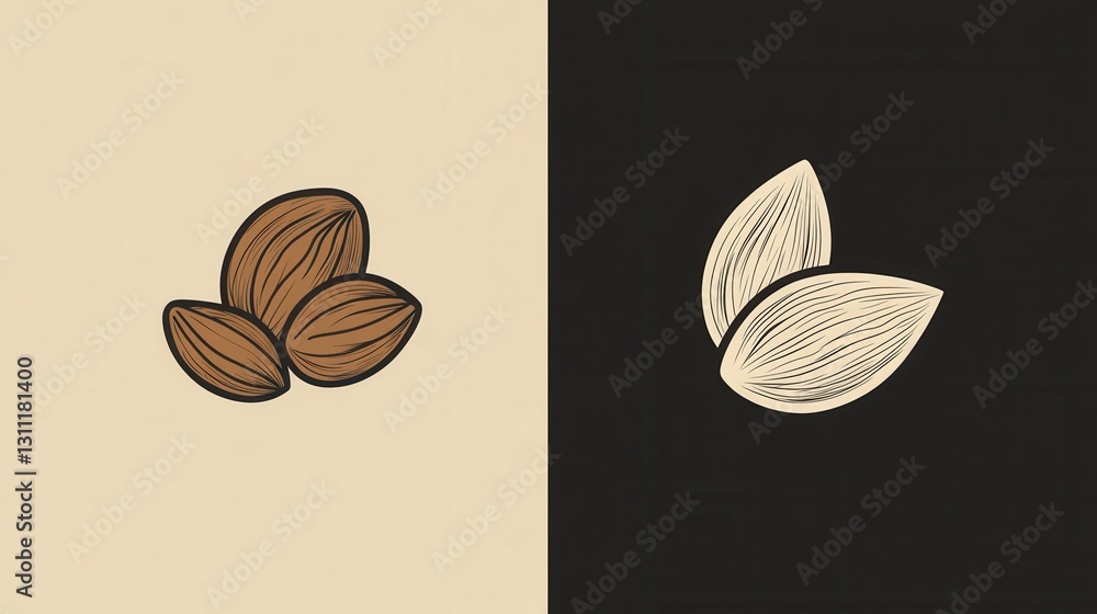 Poster modern abstract line art of minimalist nut logo featuring almond and walnut design in a contemporary