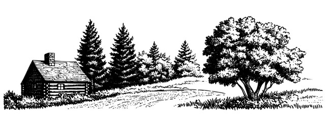 Fototapeta premium Rustic engraving of a cabin in a wooded landscape with a winding path and lush trees